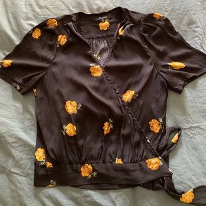 Size S Madewell black and yellow silk wrap top. Worn a handful of times!
